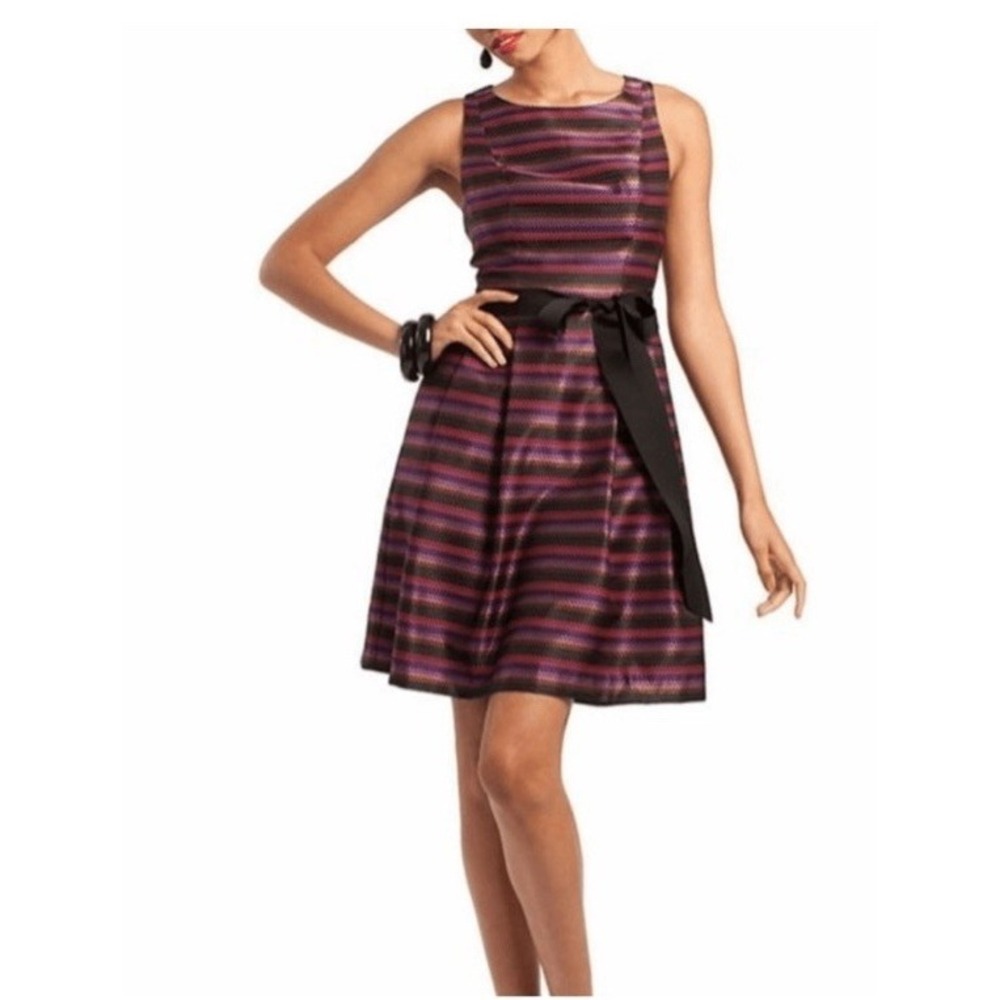 Trina Turk NWOT Purple Stripe Sleeveless Dress Black Sash With Pockets size 6 - Picture 6 of 8